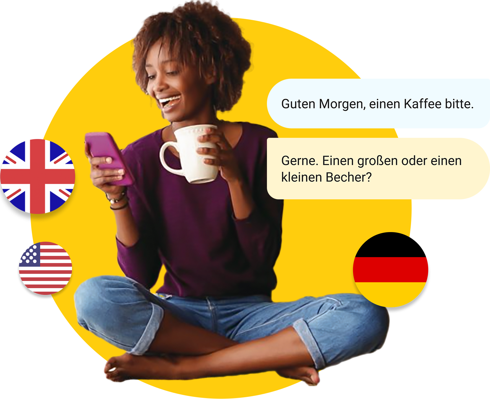 Illustration of a person using a phone with the text "LLC Language Coach"